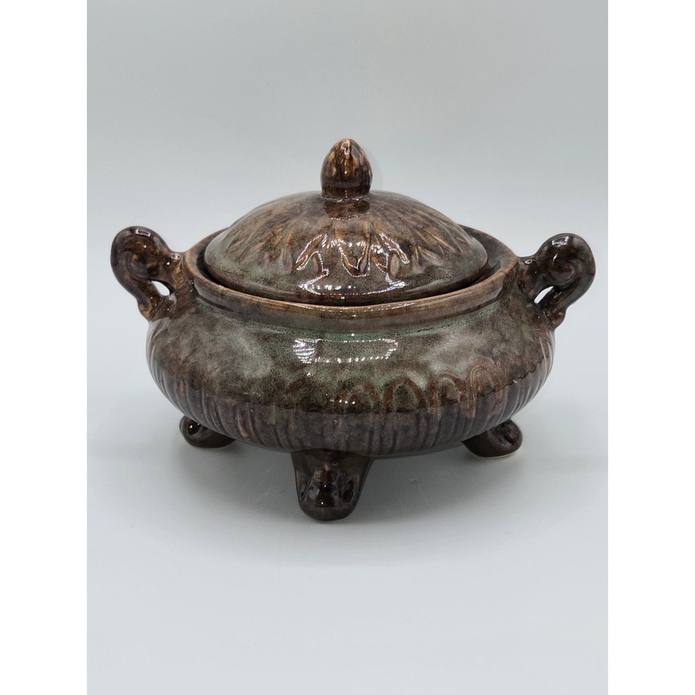 Vintage Studio Pottery Lidded Bowl Covered Dish on Feet Brown Green‎ Glaze 7"
